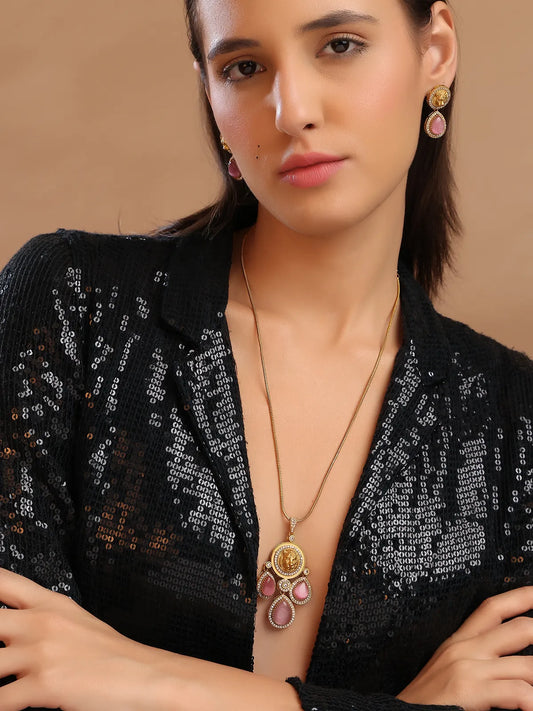 Gold Pendant with Pink Stone Drops and Lion Motif