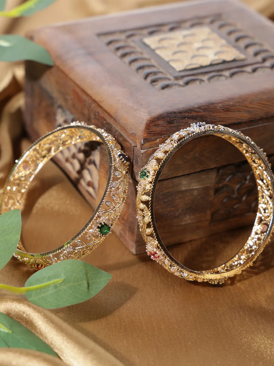 Gold Bangles with Red-Green Stones & Leaf Design – Set of 2