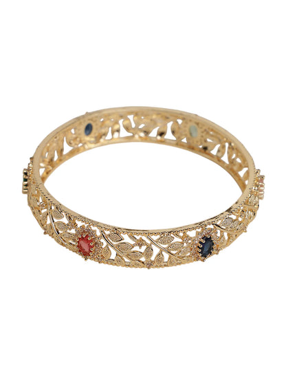 Gold Bangles with Red-Green Stones & Leaf Design – Set of 2