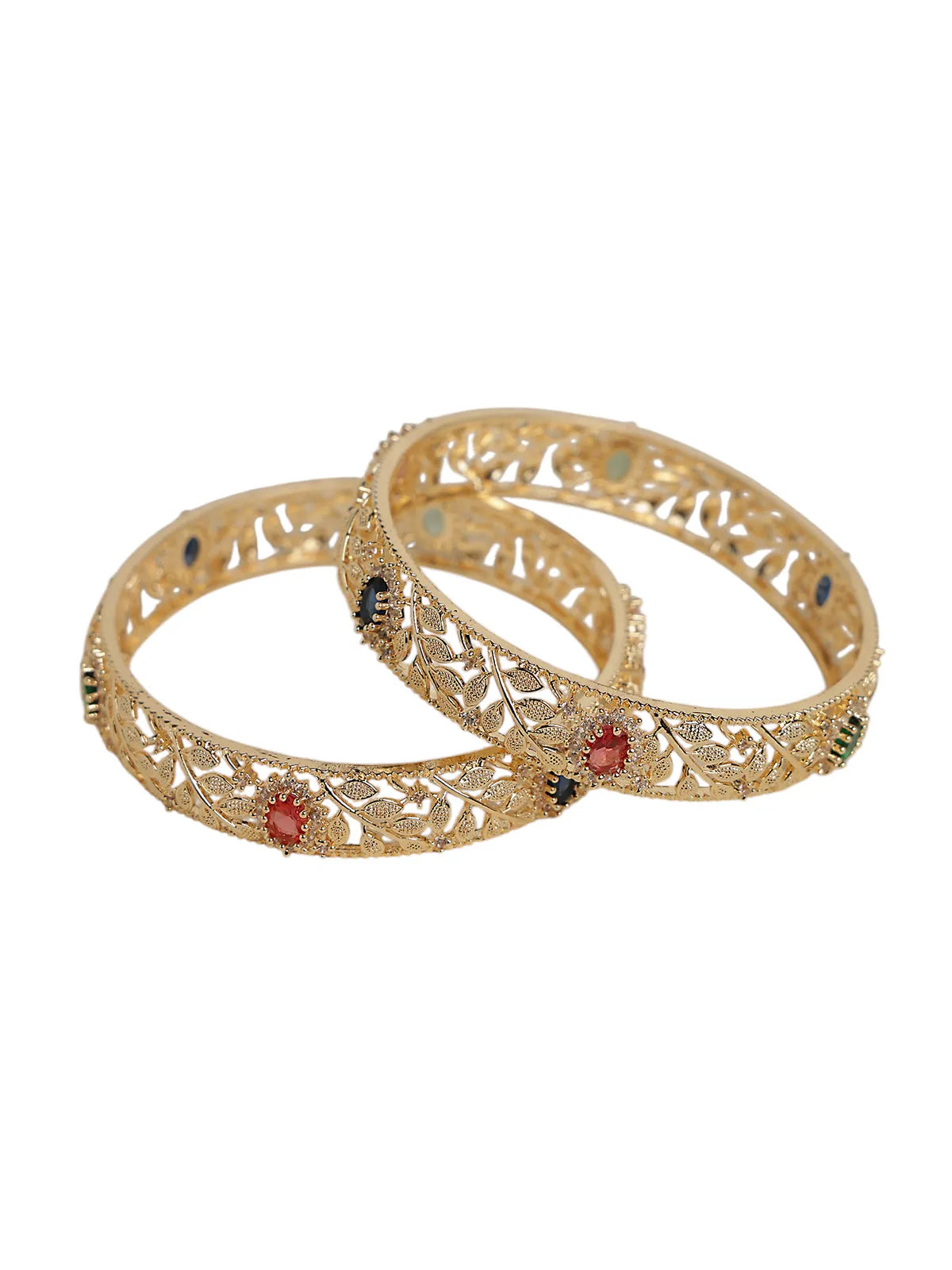 Gold Bangles with Red-Green Stones & Leaf Design – Set of 2