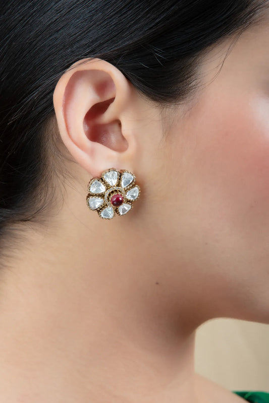 Floral Stud Earrings with Maroon Center | Lightweight Wear