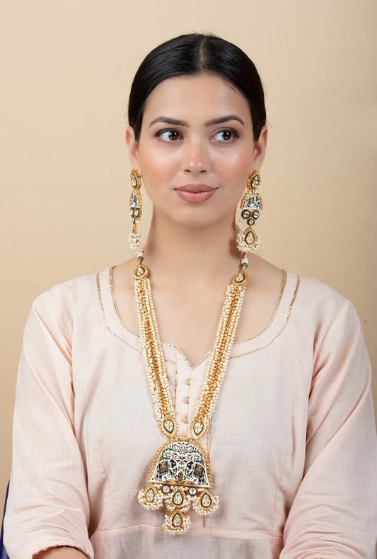 Pearl Long Necklace Set with Meenakari Pendant & Kundan Studs