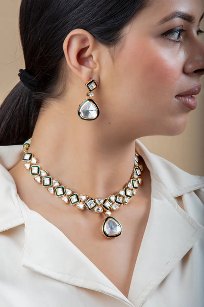 Kundan Necklace Set with Green Enamel & Drop Pendant