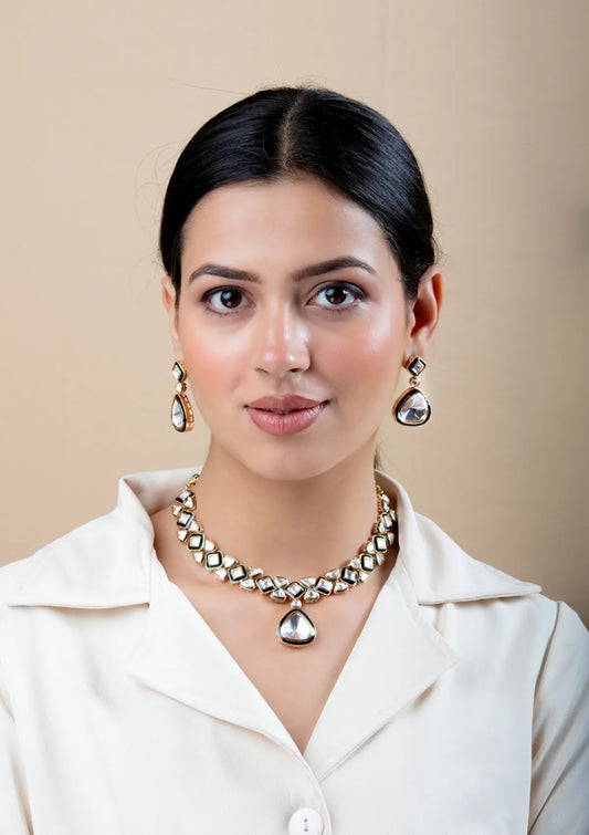 Kundan Necklace Set with Green Enamel & Drop Pendant