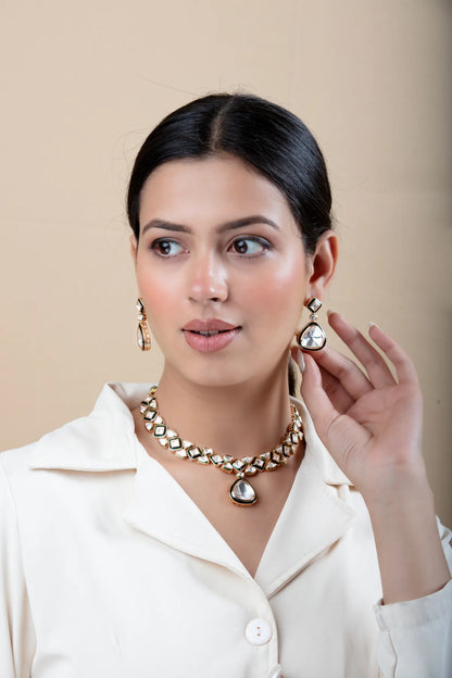 Kundan Necklace Set with Green Enamel & Drop Pendant