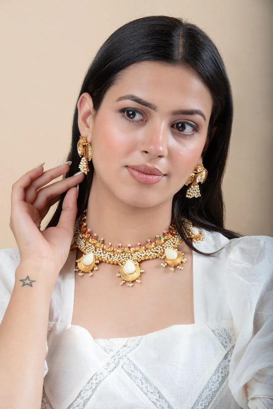 Pearl Kundan Choker Set with Leaf Design & Jhumka Earrings | Gold Finish