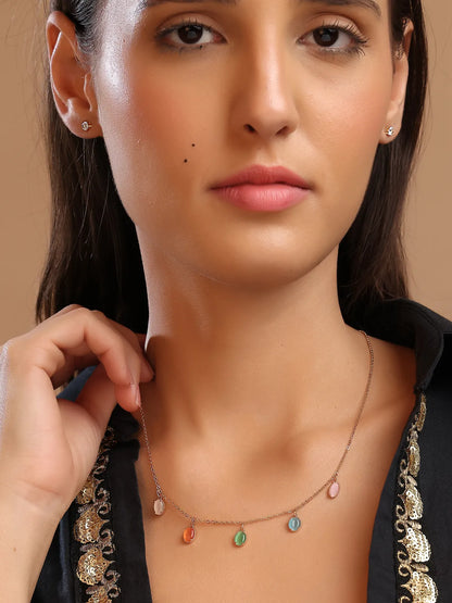 Gold-Tone Necklace with Multicolor Stone Charms & Stud Earrings