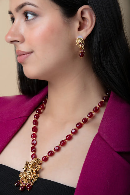Lakshmi Pendant Necklace with Red Beads & Studs | Temple Jewelry in Gold Finish