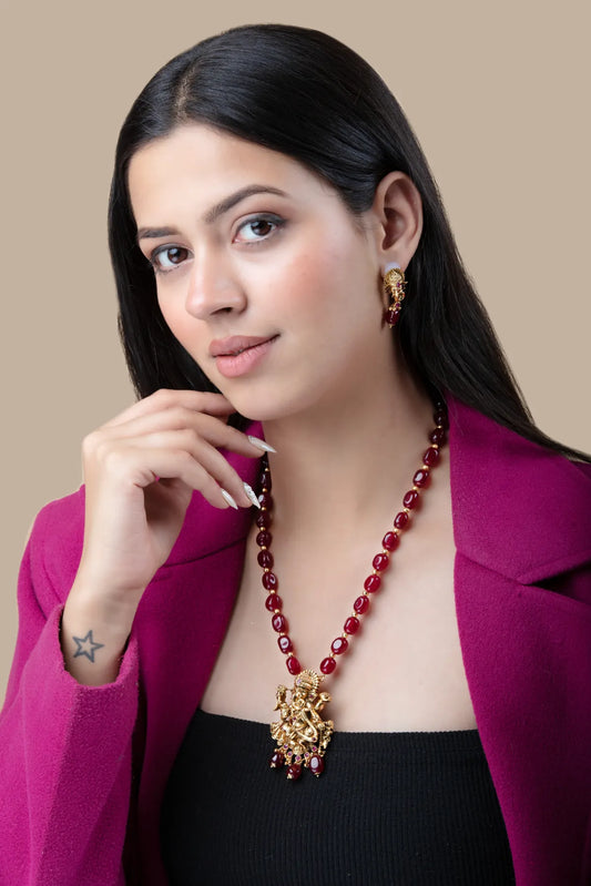Lakshmi Pendant Necklace with Red Beads & Studs | Temple Jewelry in Gold Finish