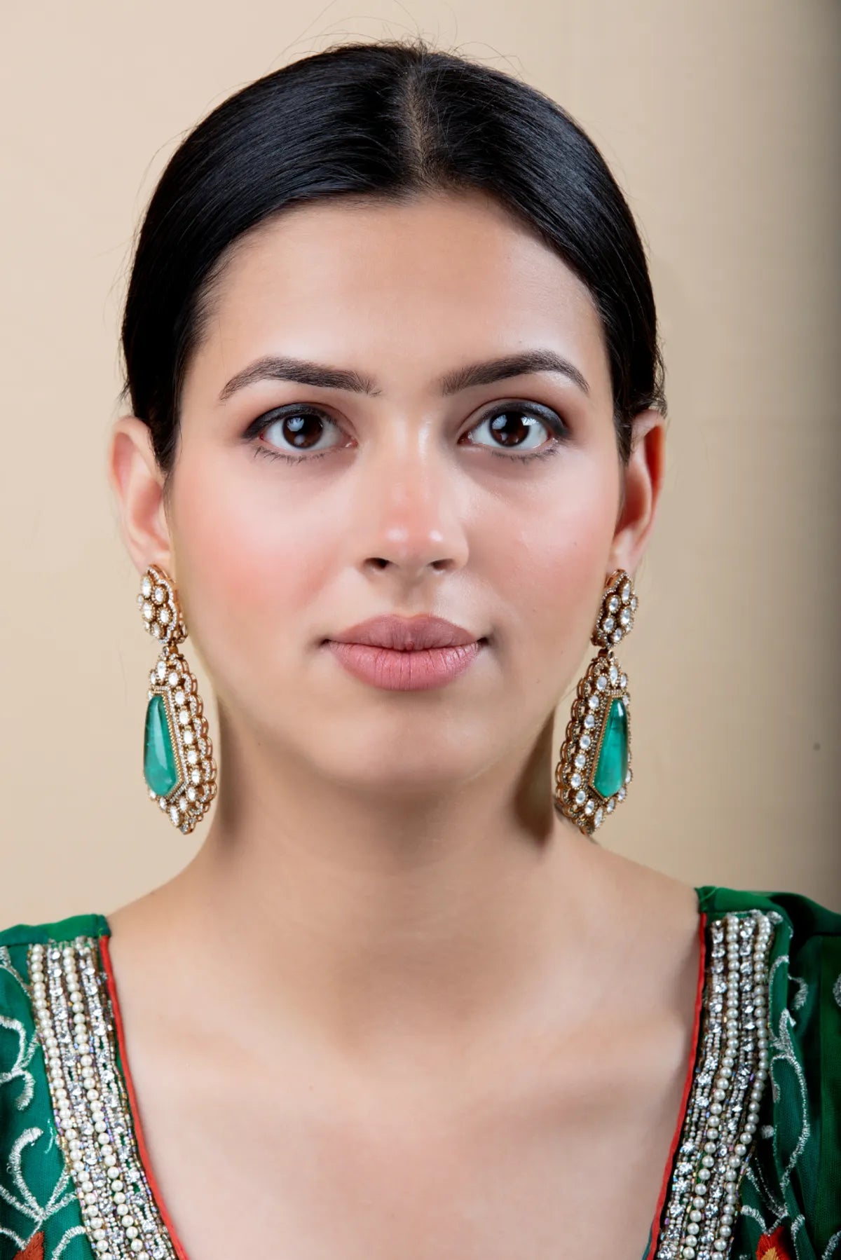 Green Stone Drop Earrings with White Kundan Work | Traditional Wear