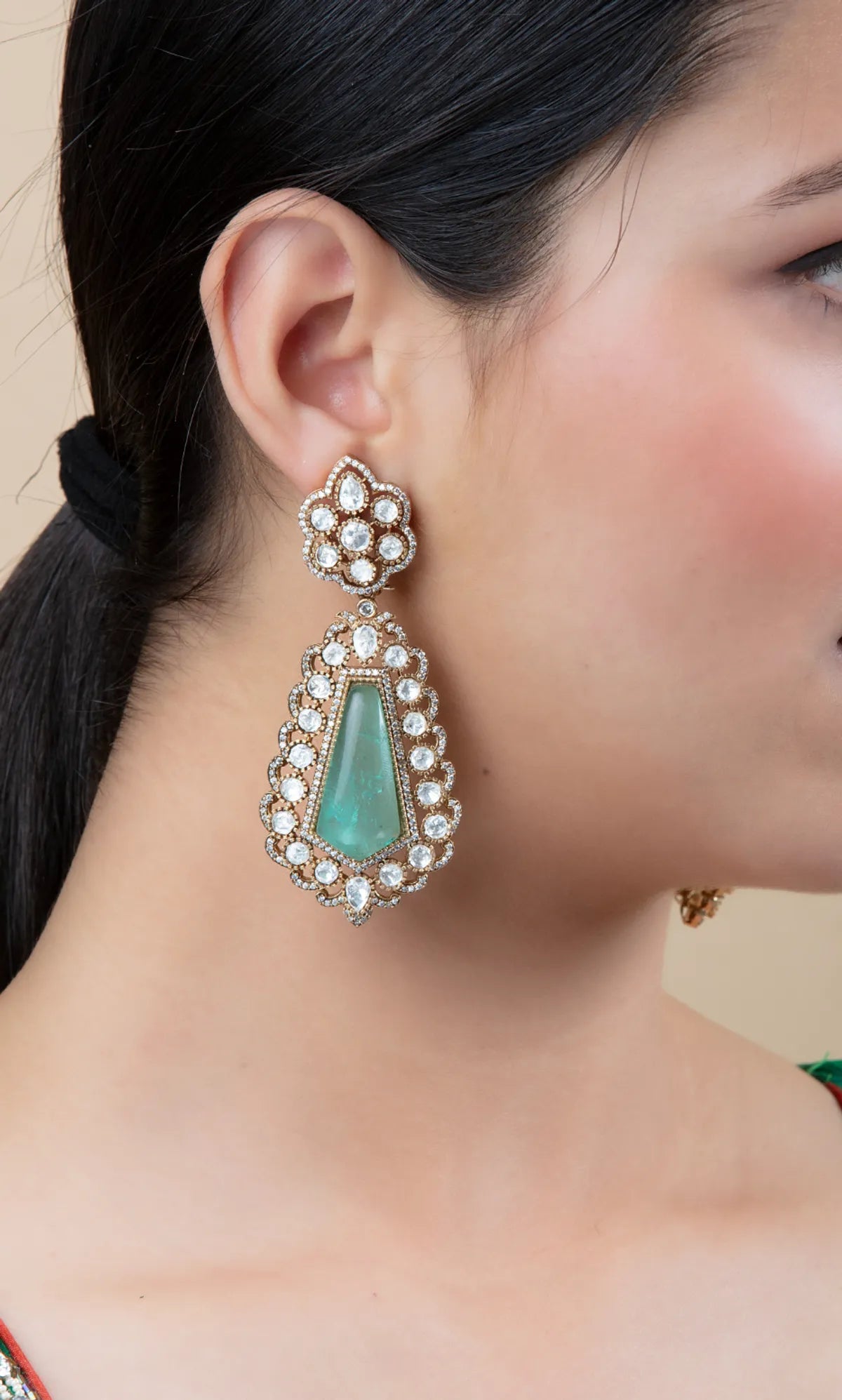 Green Stone Drop Earrings with White Kundan Work | Traditional Wear