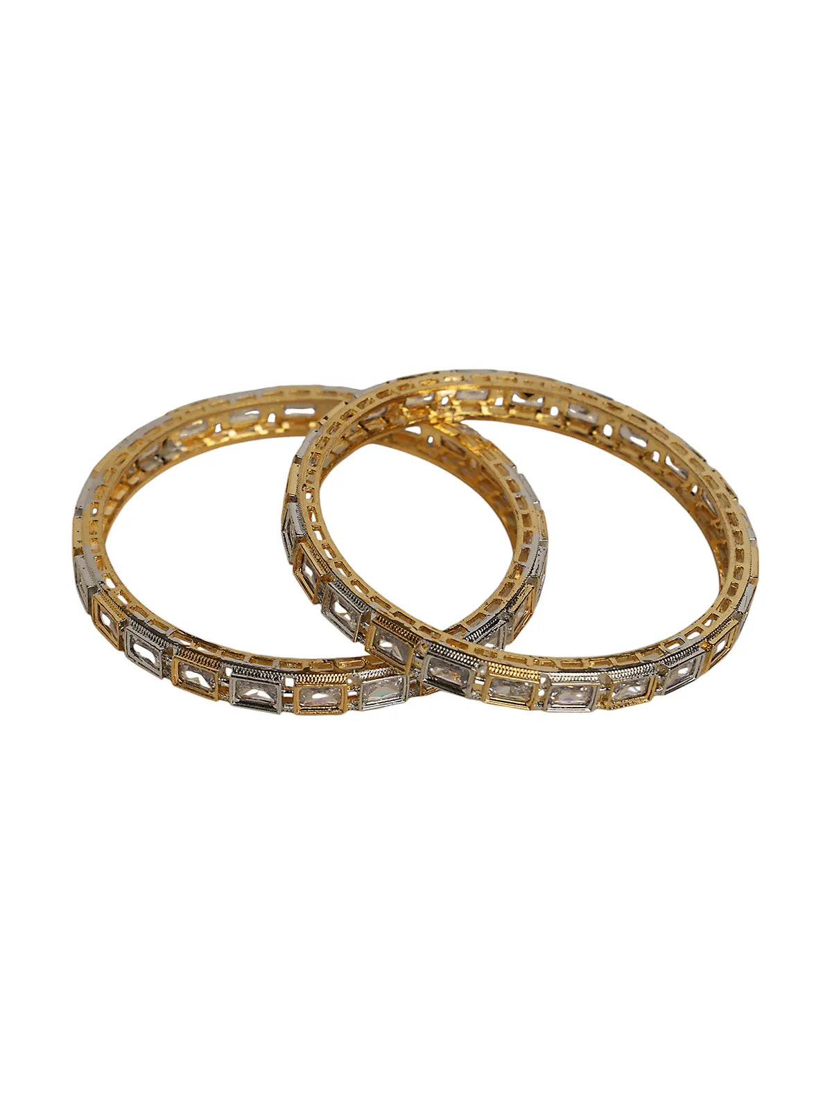 Dual Tone Square-Cut Stone Bangles | Gold Base with Silver Detailing – Set of 2