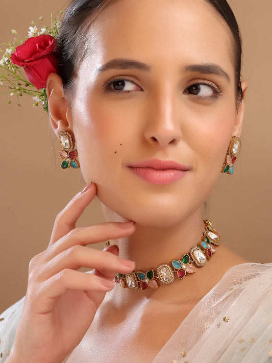 Multicolour Stone Choker Set with Earrings | Kundan Style Jewelry