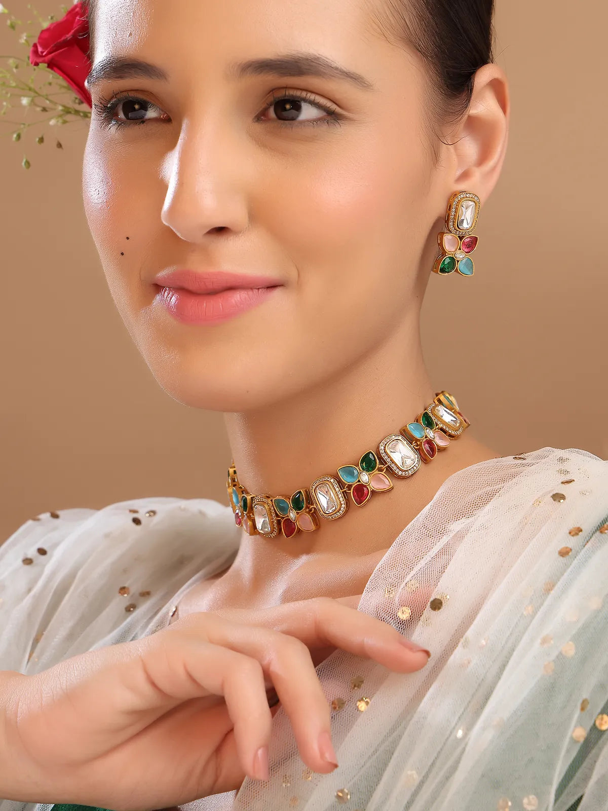Multicolour Stone Choker Set with Earrings | Kundan Style Jewelry