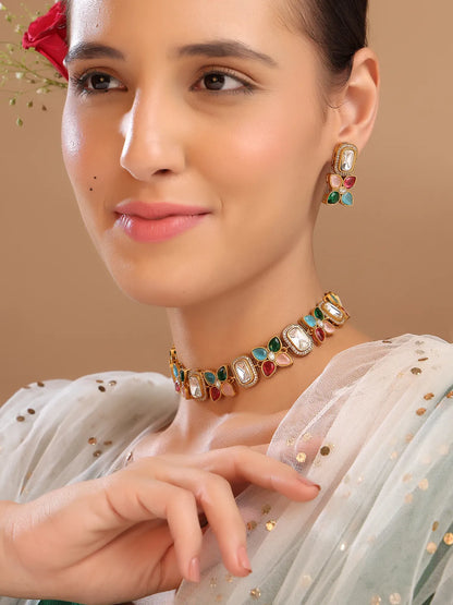 Multicolour Stone Choker Set with Earrings | Kundan Style Jewelry
