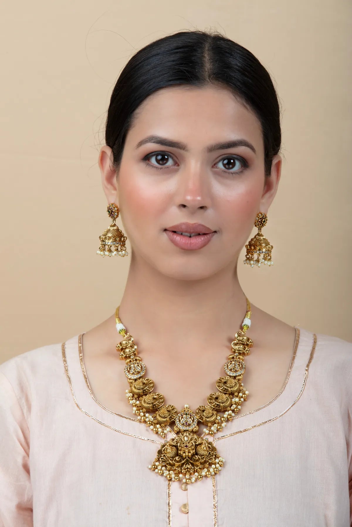 Temple Style Imitation Necklace Set with Jhumka Earrings for Women