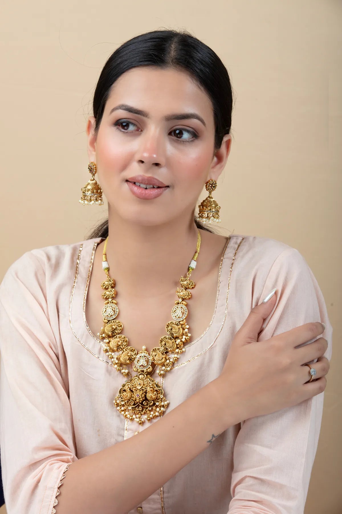 Temple Style Imitation Necklace Set with Jhumka Earrings for Women