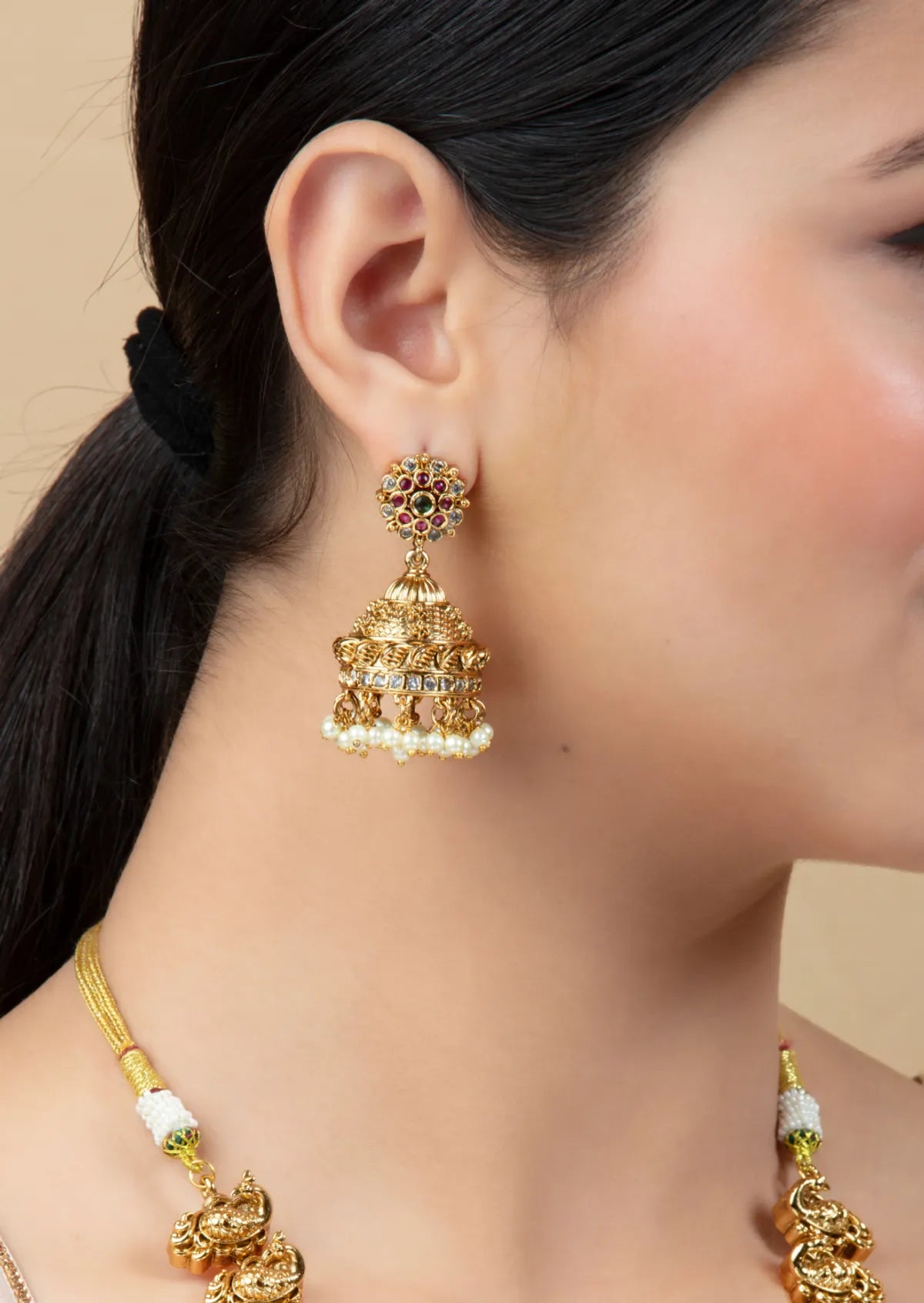 Temple Style Imitation Necklace Set with Jhumka Earrings for Women