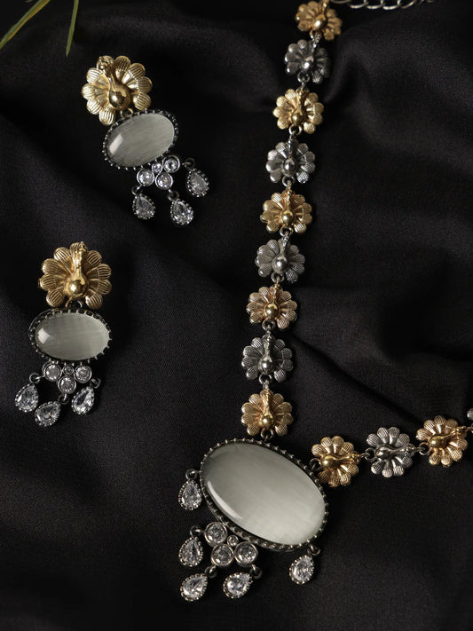 Dual-Tone Floral Necklace Set with White Oval Center & Drop Earrings