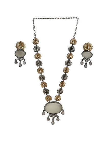 Dual-Tone Floral Necklace Set with White Oval Center & Drop Earrings