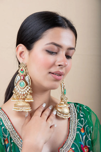 Traditional Long Jhumka Earrings with Parrot Design & Green Stone