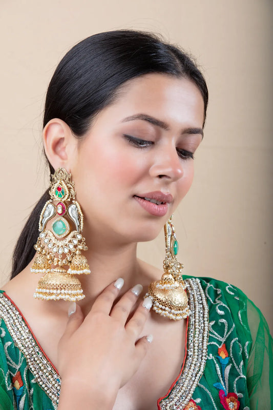 Traditional Long Jhumka Earrings with Parrot Design & Green Stone