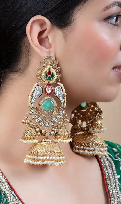 Traditional Long Jhumka Earrings with Parrot Design & Green Stone