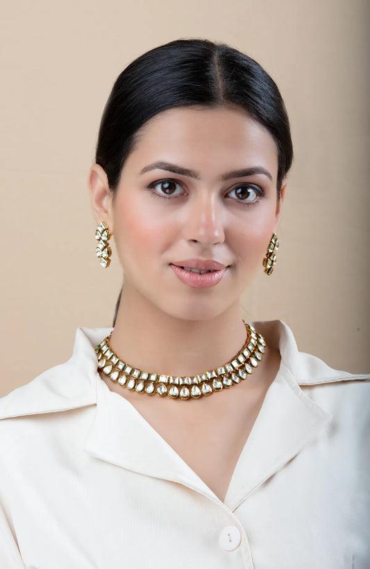 Gold-Tone Choker Necklace Set with Drop Earrings | Traditional Imitation Jewelry