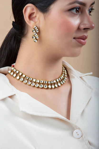 Gold-Tone Choker Necklace Set with Drop Earrings | Traditional Imitation Jewelry