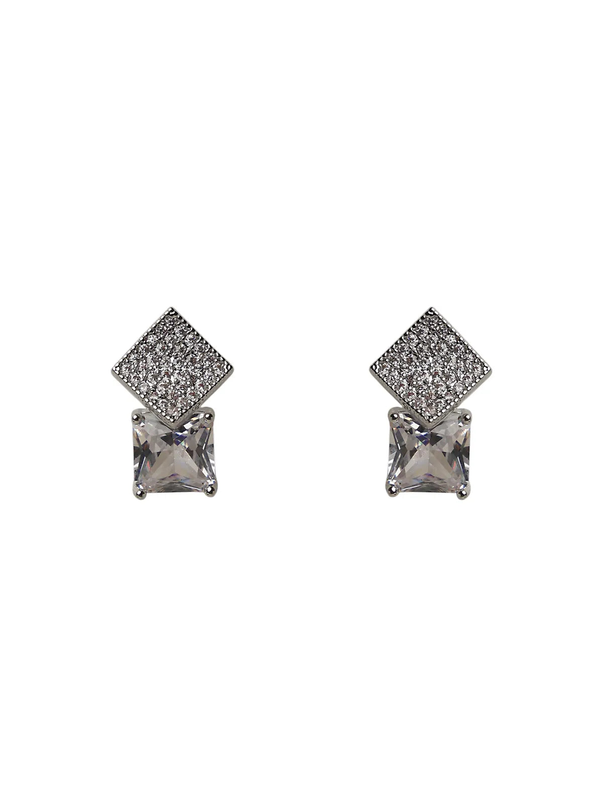 Silver-Tone Stud Earrings with Square Stone and Diamond-Cut Top