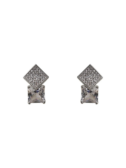 Silver-Tone Stud Earrings with Square Stone and Diamond-Cut Top
