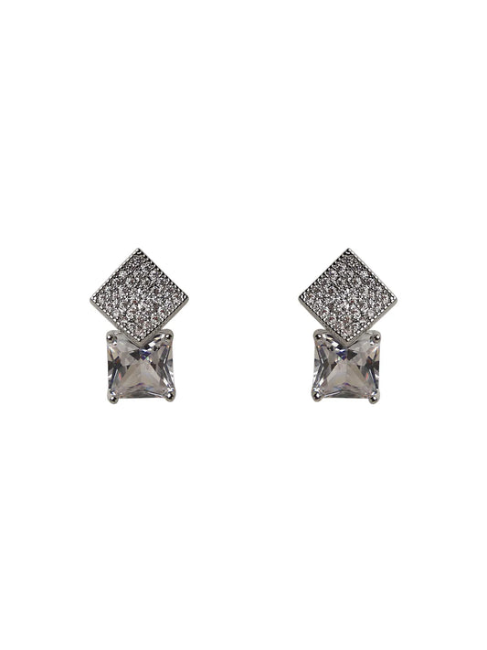 Silver-Tone Stud Earrings with Square Stone and Diamond-Cut Top