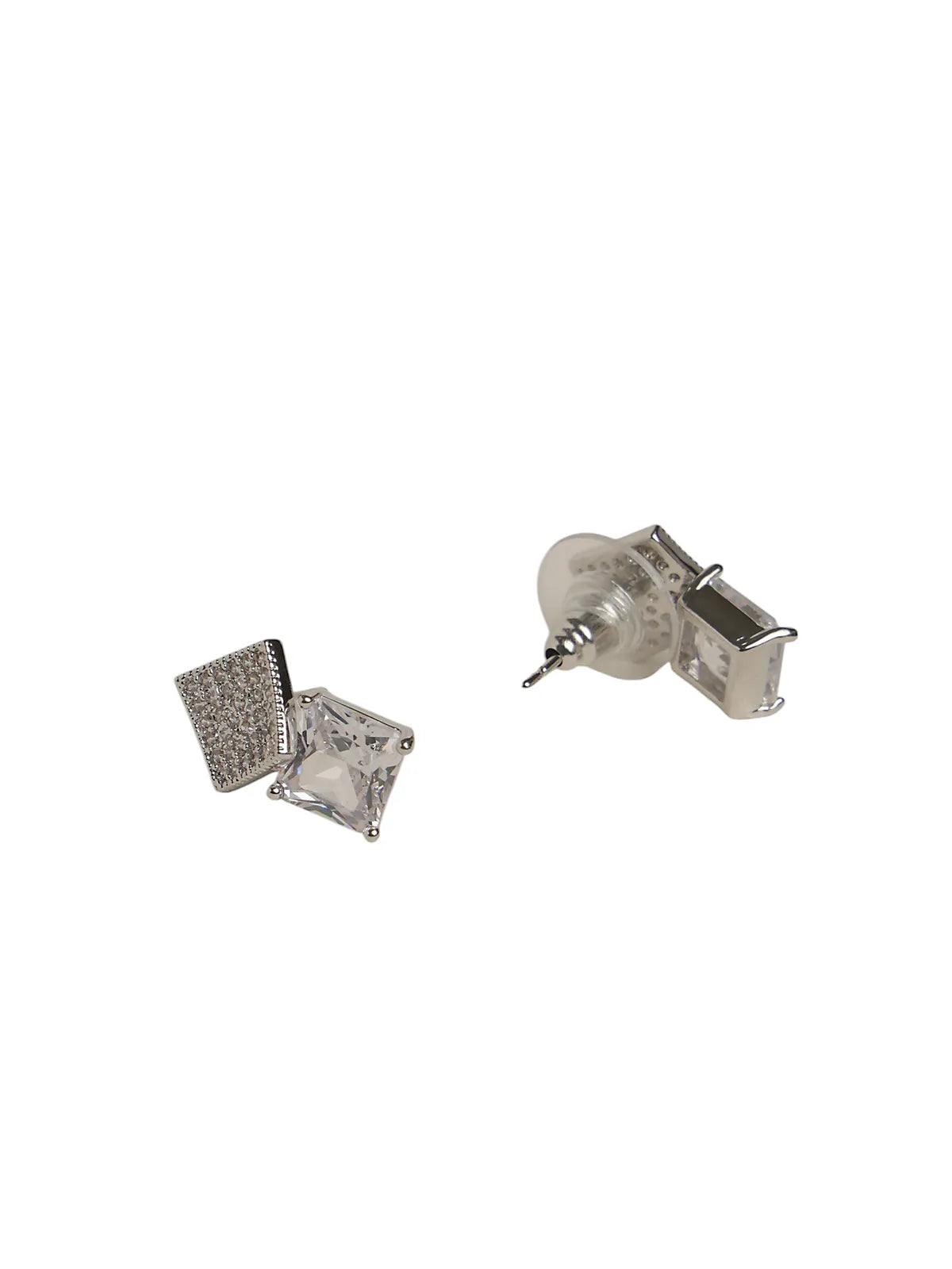 Silver-Tone Stud Earrings with Square Stone and Diamond-Cut Top