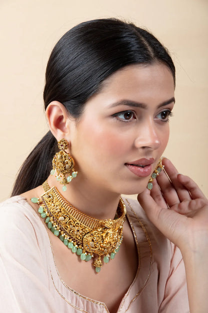 Ganeshji Choker Necklace Set with Green Beads | Antique Bridal Jewelry