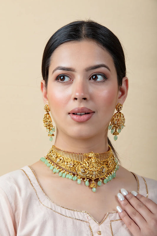 Ganeshji Choker Necklace Set with Green Beads | Antique Bridal Jewelry