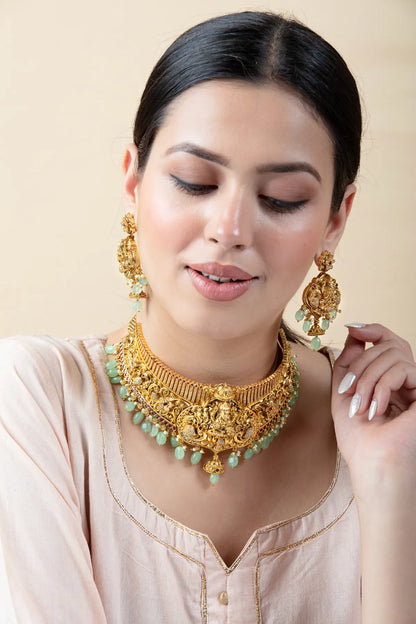 Ganeshji Choker Necklace Set with Green Beads | Antique Bridal Jewelry