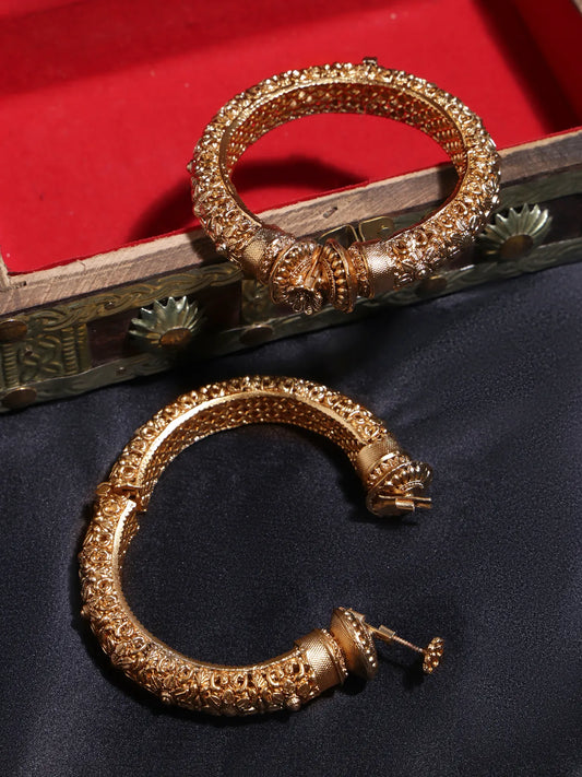 Gold-Toned Kada Bangles with Floral Work and Threaded Texture