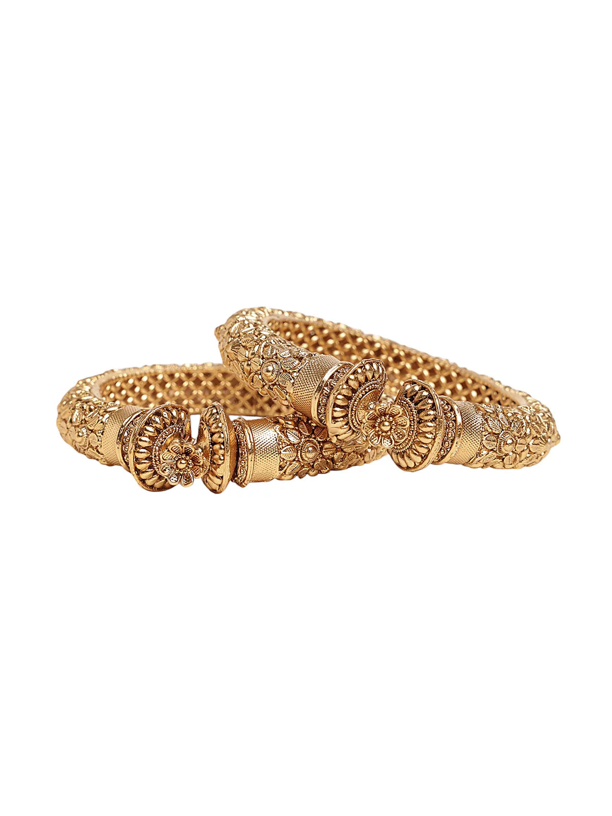 Gold-Toned Kada Bangles with Floral Work and Threaded Texture