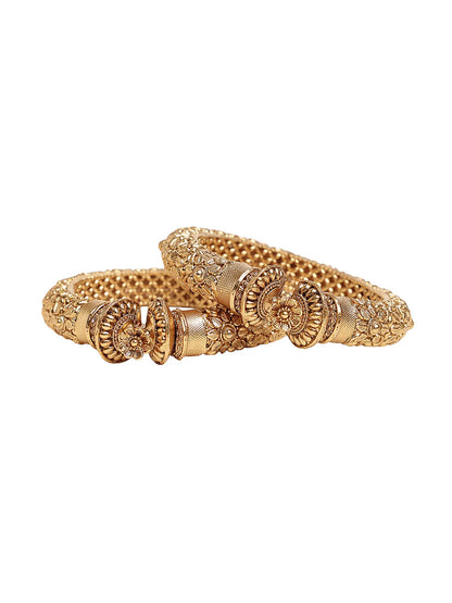 Gold-Toned Kada Bangles with Floral Work and Threaded Texture