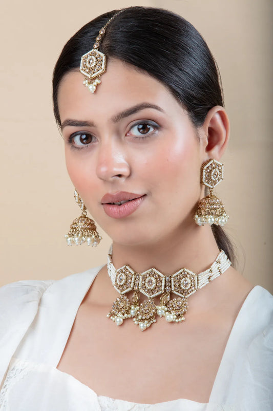White Pearl Choker Set with Jhumka & Maang Tikka | Kundan Hexagon Design