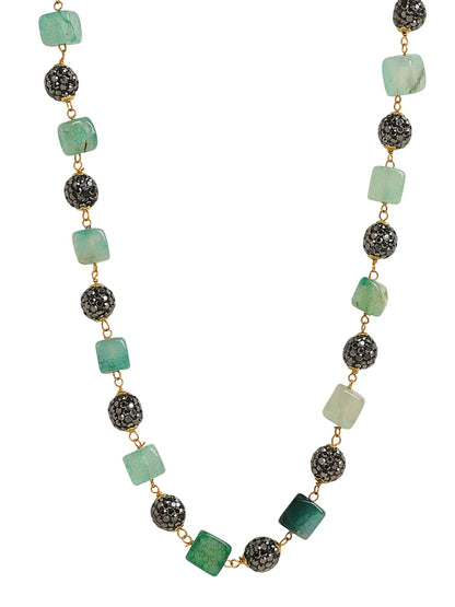 Green and Black Beaded Long Necklace with Matching Earrings