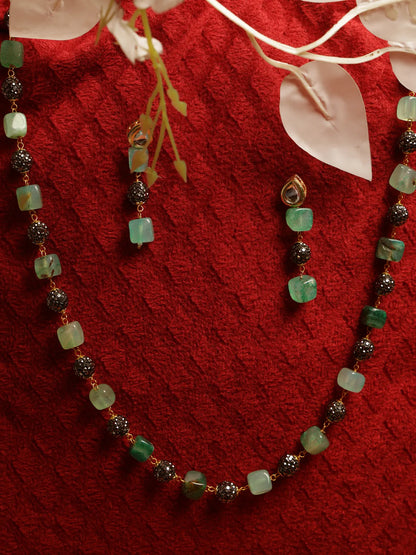 Green and Black Beaded Long Necklace with Matching Earrings
