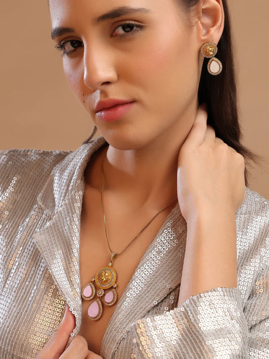 Lion Design Gold-Tone Pendant Set with Pink Teardrop Stones