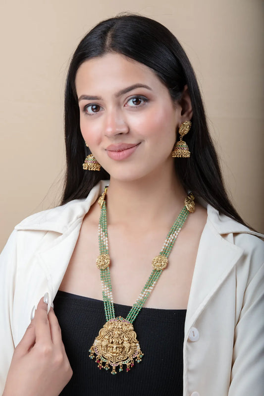 Temple Style Long Necklace Set with Green Beads & Jhumka Earrings