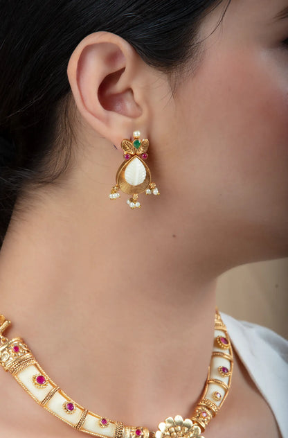 White Enamel Beaded Necklace Set with Tassel Pendant & Leaf Earrings