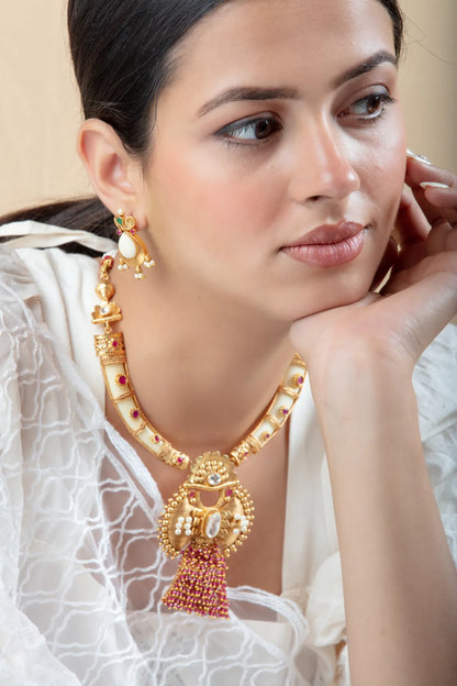 White Enamel Beaded Necklace Set with Tassel Pendant & Leaf Earrings