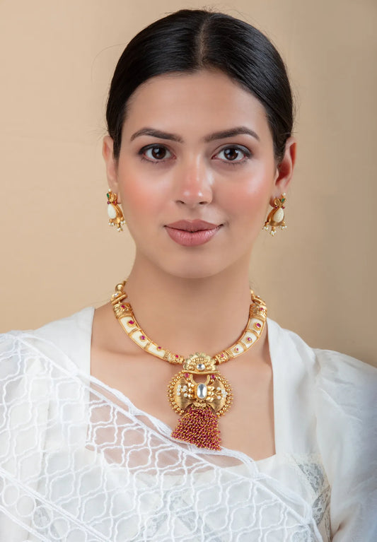 White Enamel Beaded Necklace Set with Tassel Pendant & Leaf Earrings