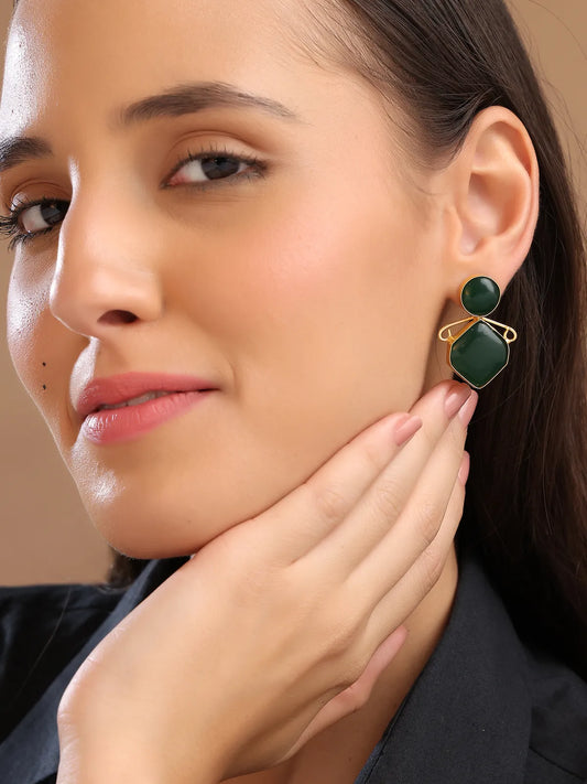 Green Geometric Stud Earrings with Gold Outline | Bold Daily Wear