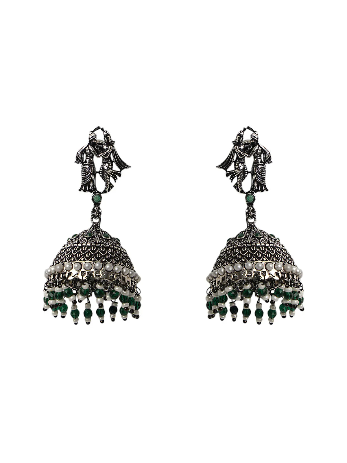 Oxidised Jhumka Earrings with Krishna-Radha Top & Pearl Beads