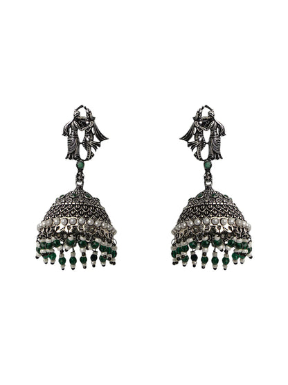 Oxidised Jhumka Earrings with Krishna-Radha Top & Pearl Beads